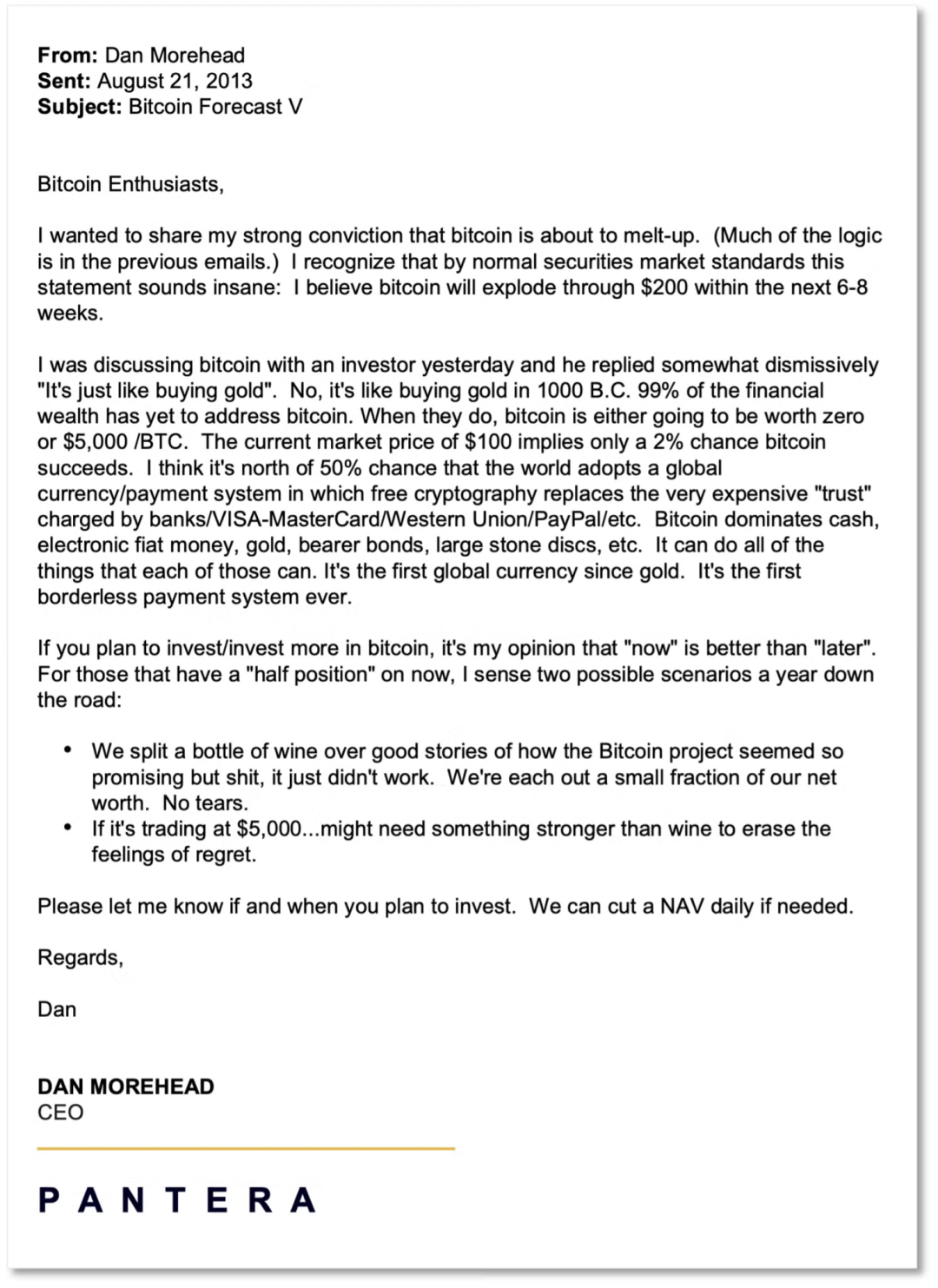 Pantera创始人:2013-2015年购买全球2%比特币,到今天回报达1000倍